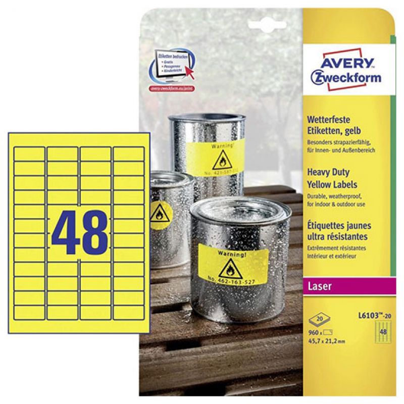 Avery L6103-20 Etichette adesive in poliestere giallo resistente