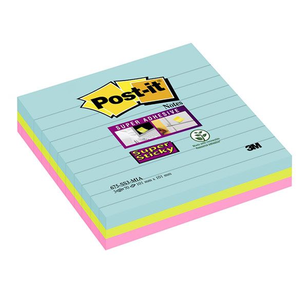 BLOCCO 3M POST-IT 101X101 SUPER STICKY COLORI MIAMI RIGHE XL CF.3 675-SS3