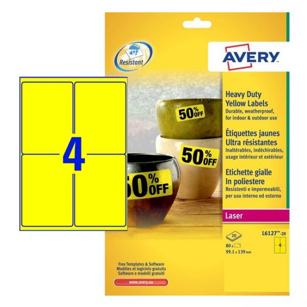 Avery L6127-20 Etichette adesive in poliestere giallo resistente