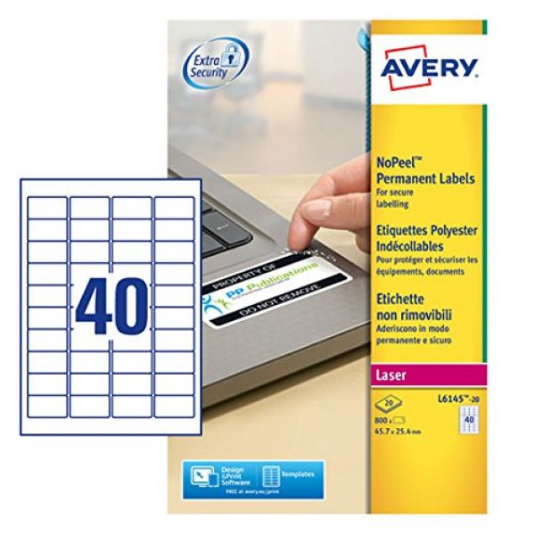 Avery L6145-20 Etichette adesive non rimovibili in poliestere bianco resistente
