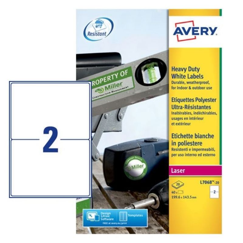 Avery L7068-20 Etichette adesive in poliestere bianco resistente