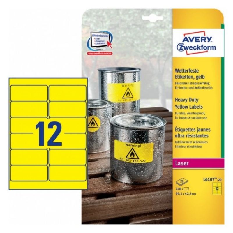 Avery L6107-20 Etichette adesive in poliestere giallo resistente