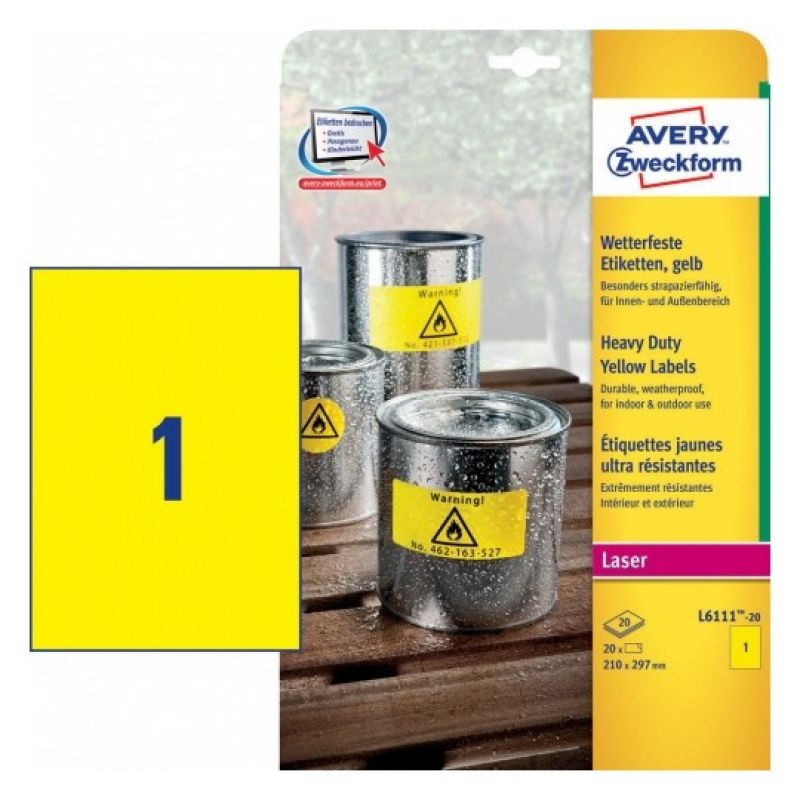 Avery L6111-20 Etichette adesive in poliestere giallo resistente